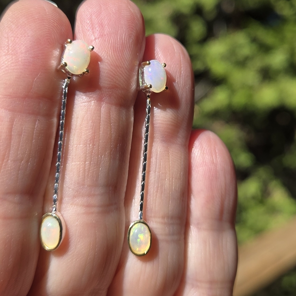 Opal Natural Gemstone Sterling & Gold Earrings 6k - Picture 3 of 11